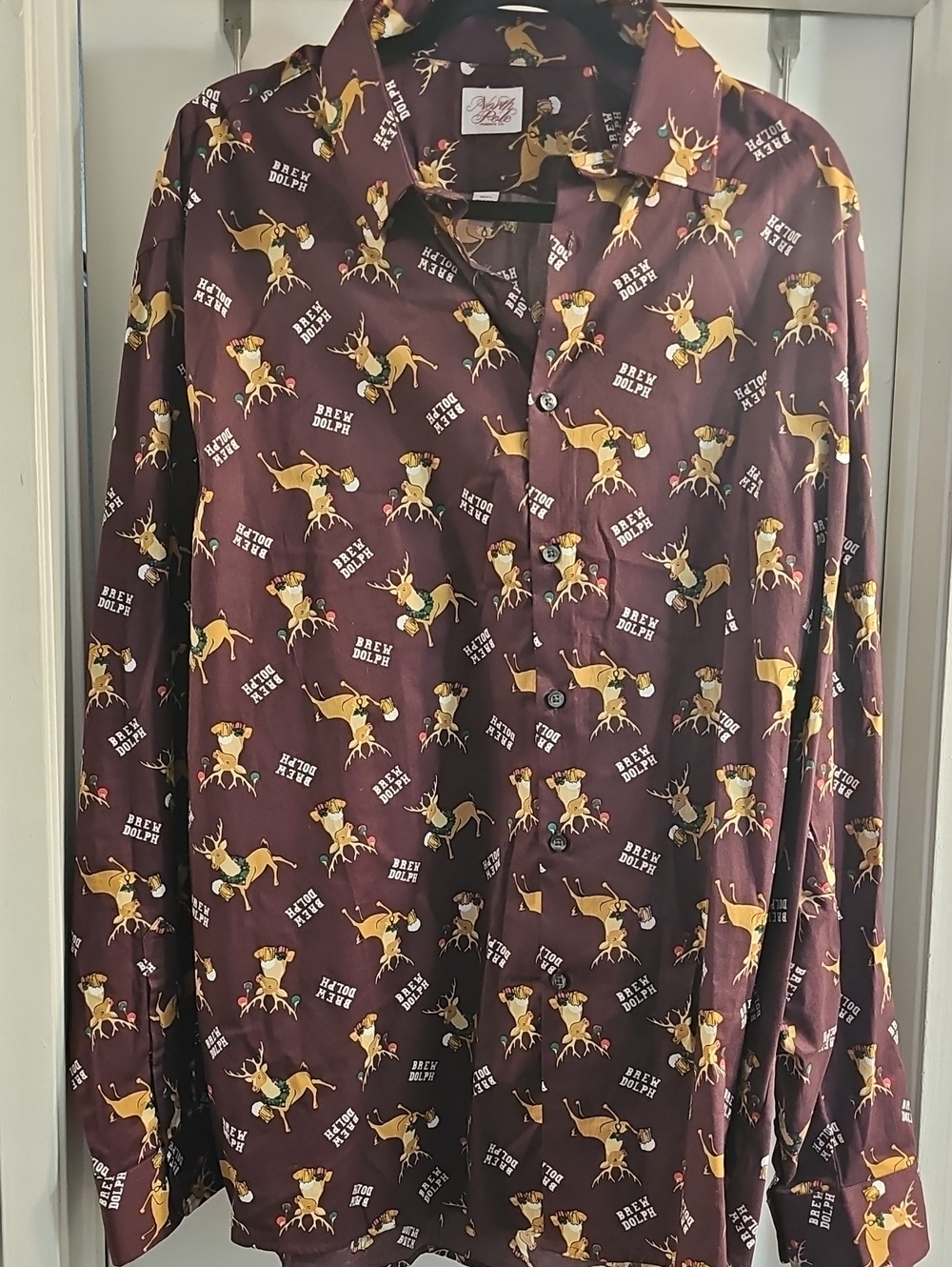 Men's Casual Button-Down Shirt - Burgundy Reindeer Print